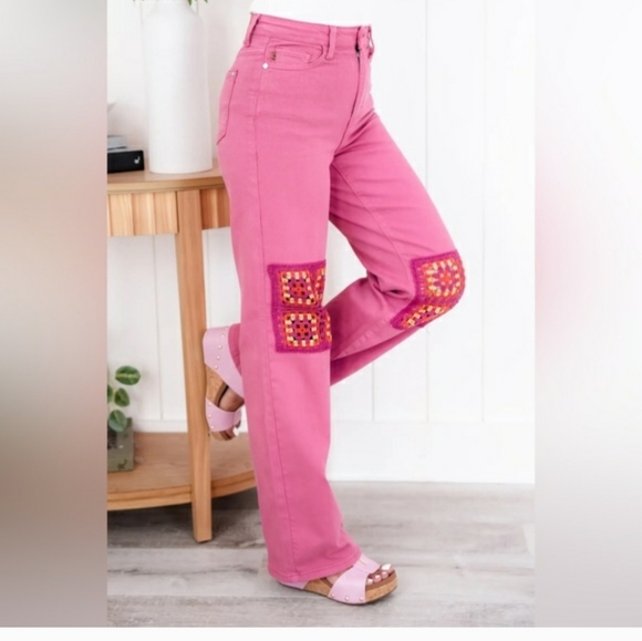 Judy Blue Pink Granny Square Denim Jeans 14W - Picture 3 of 6